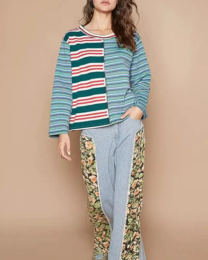 POL Color Block Striped Round Neck Long Sleeve T-Shirt - Sleekdenim.com