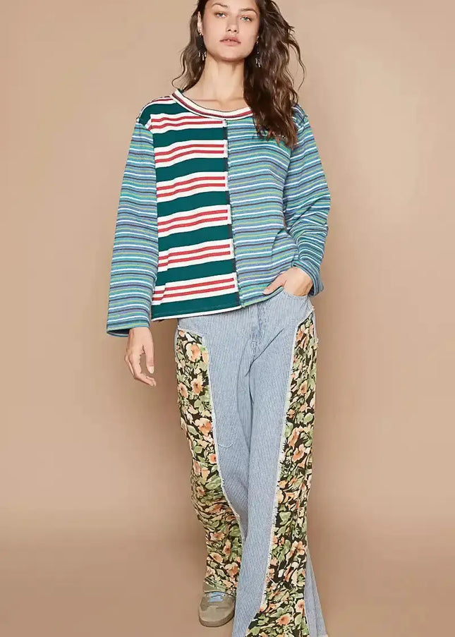 POL Color Block Striped Round Neck Long Sleeve T-Shirt - Sleekdenim.com