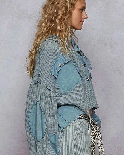 POL Contrast Cropped Jacket with Raw Edge Detail - Sleekdenim.com