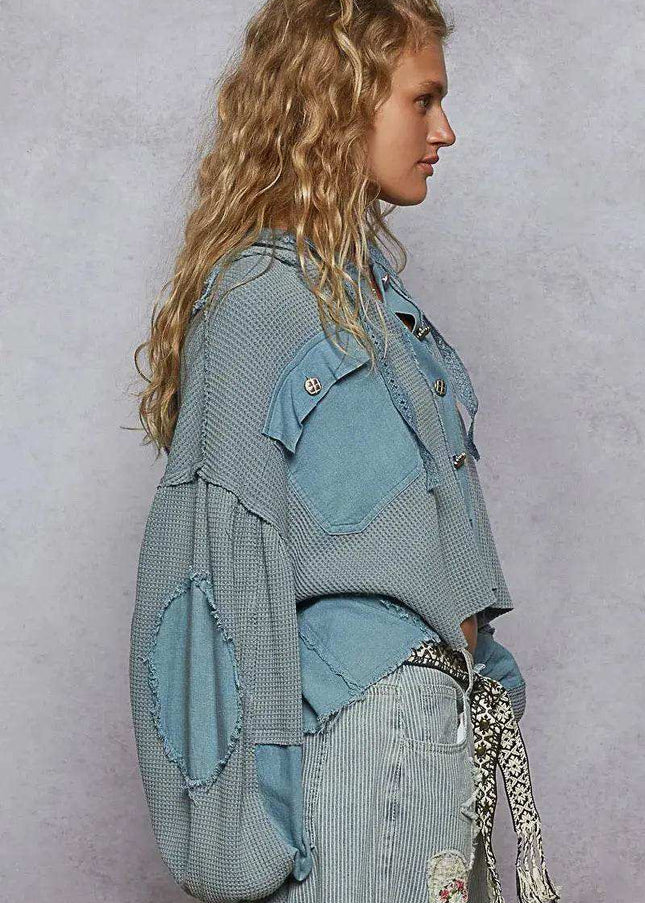 POL Contrast Cropped Jacket with Raw Edge Detail - Sleekdenim.com