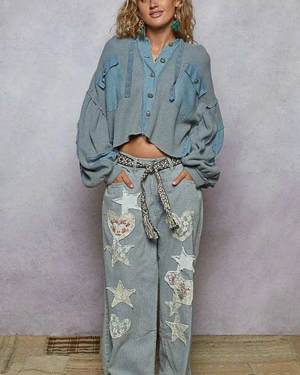 POL Contrast Cropped Jacket with Raw Edge Detail - Sleekdenim.com