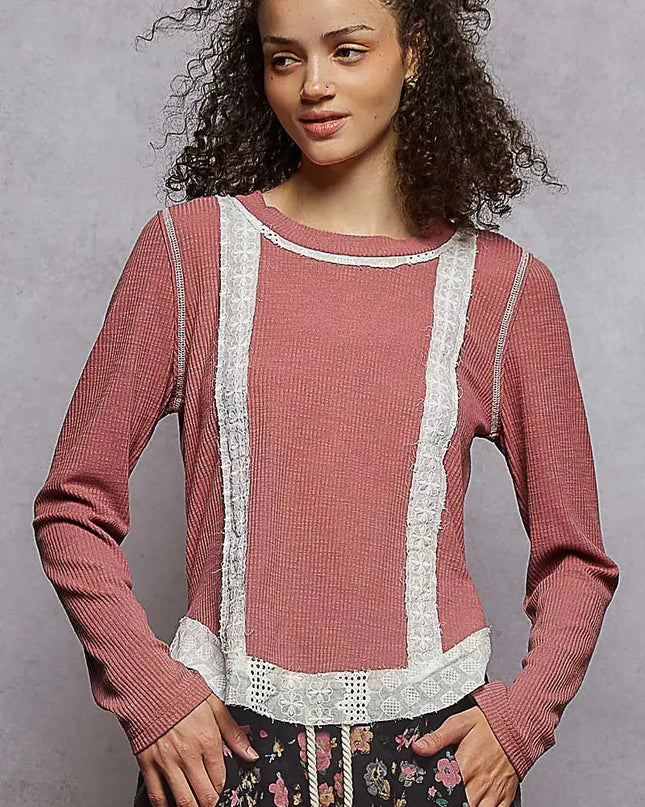 POL Contrast Round Neck Long Sleeve Ribbed Top with Eyelet Patch - Sleekdenim.com