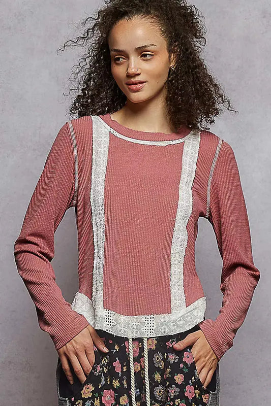 POL Contrast Round Neck Long Sleeve Ribbed Top with Eyelet Patch - Sleekdenim.com