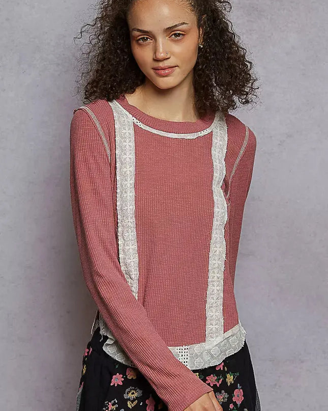 POL Contrast Round Neck Long Sleeve Ribbed Top with Eyelet Patch - Sleekdenim.com