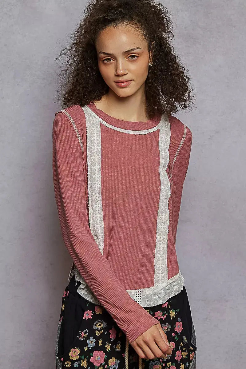 POL Contrast Round Neck Long Sleeve Ribbed Top with Eyelet Patch - Sleekdenim.com