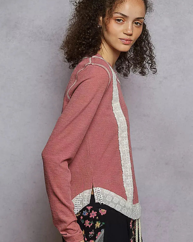 POL Contrast Round Neck Long Sleeve Ribbed Top with Eyelet Patch - Sleekdenim.com