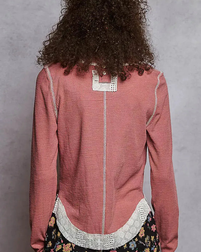 POL Contrast Round Neck Long Sleeve Ribbed Top with Eyelet Patch - Sleekdenim.com