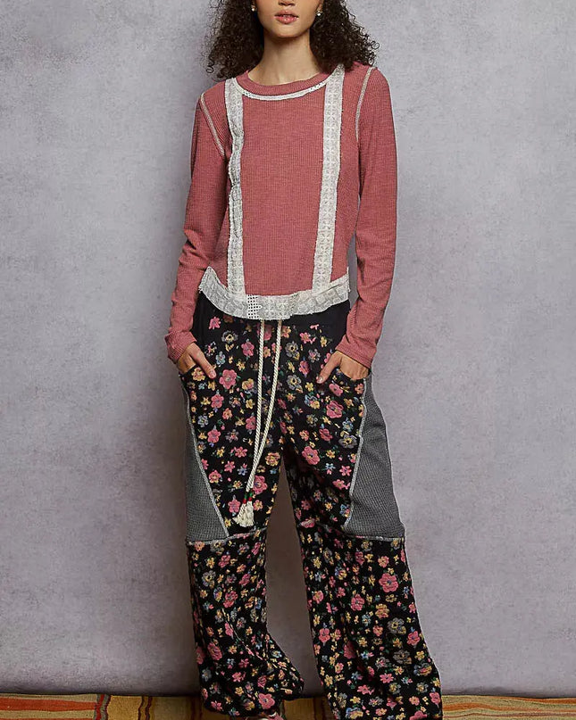 POL Contrast Round Neck Long Sleeve Ribbed Top with Eyelet Patch - Sleekdenim.com