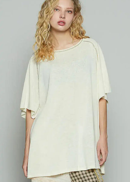 POL Contrast Stitching Half Sleeve Oversized T-Shirt - Sleekdenim.com