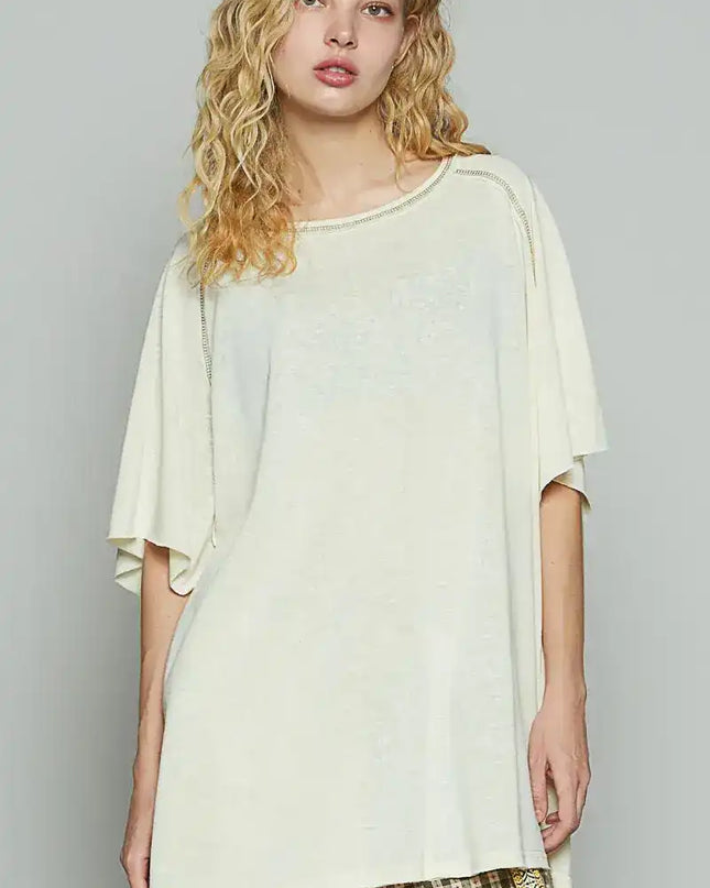 POL Contrast Stitching Half Sleeve Oversized T-Shirt - Sleekdenim.com