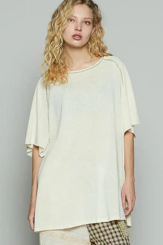 POL Contrast Stitching Half Sleeve Oversized T-Shirt - Sleekdenim.com