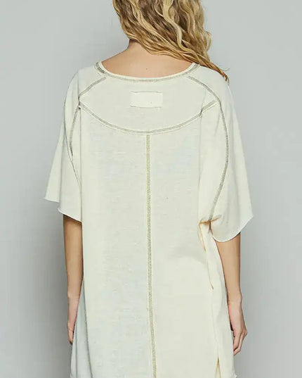 POL Contrast Stitching Half Sleeve Oversized T-Shirt - Sleekdenim.com
