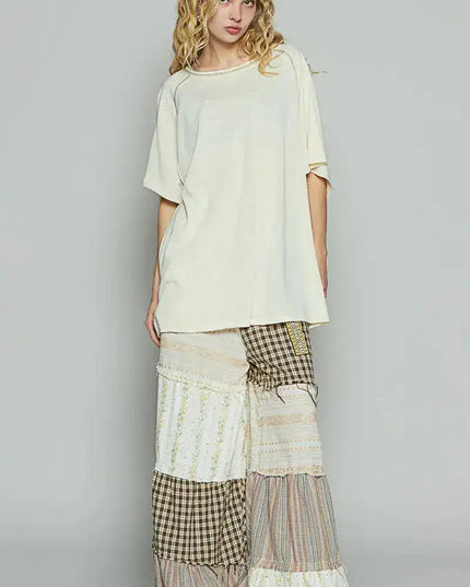 POL Contrast Stitching Half Sleeve Oversized T-Shirt - Sleekdenim.com