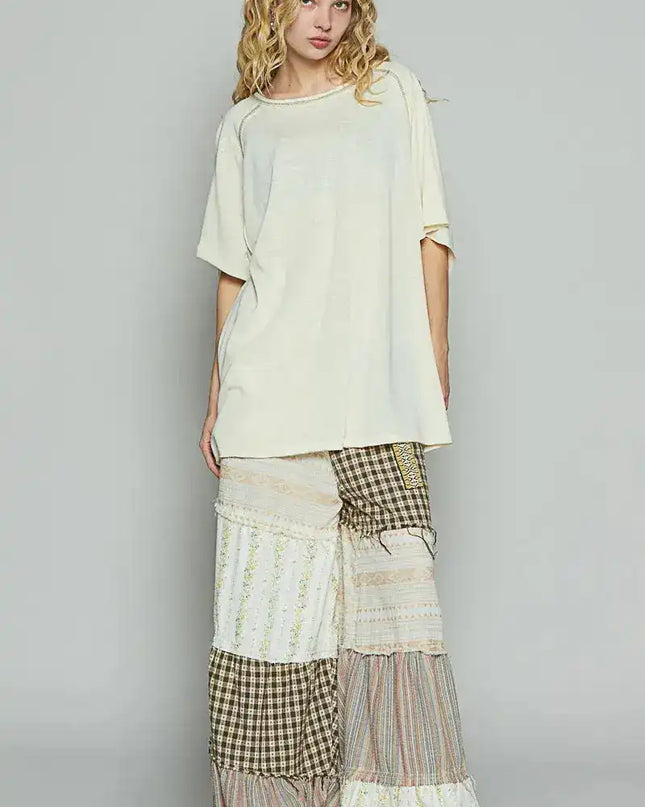 POL Contrast Stitching Half Sleeve Oversized T-Shirt - Sleekdenim.com