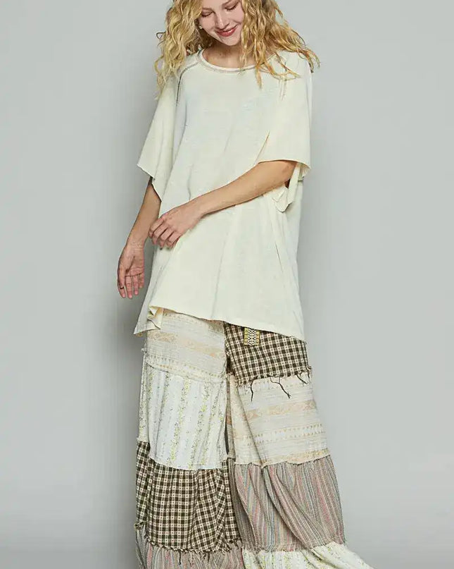 POL Contrast Stitching Half Sleeve Oversized T-Shirt - Sleekdenim.com