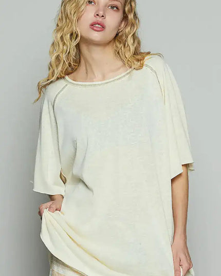 POL Contrast Stitching Half Sleeve Oversized T-Shirt - Sleekdenim.com