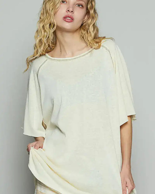POL Contrast Stitching Half Sleeve Oversized T-Shirt - Sleekdenim.com