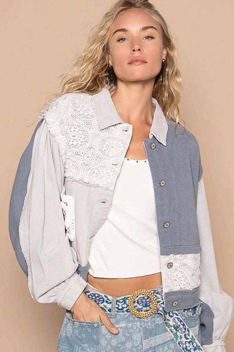 POL Crochet Patch Exposed Seam Button Up Jacket - Sleekdenim.com