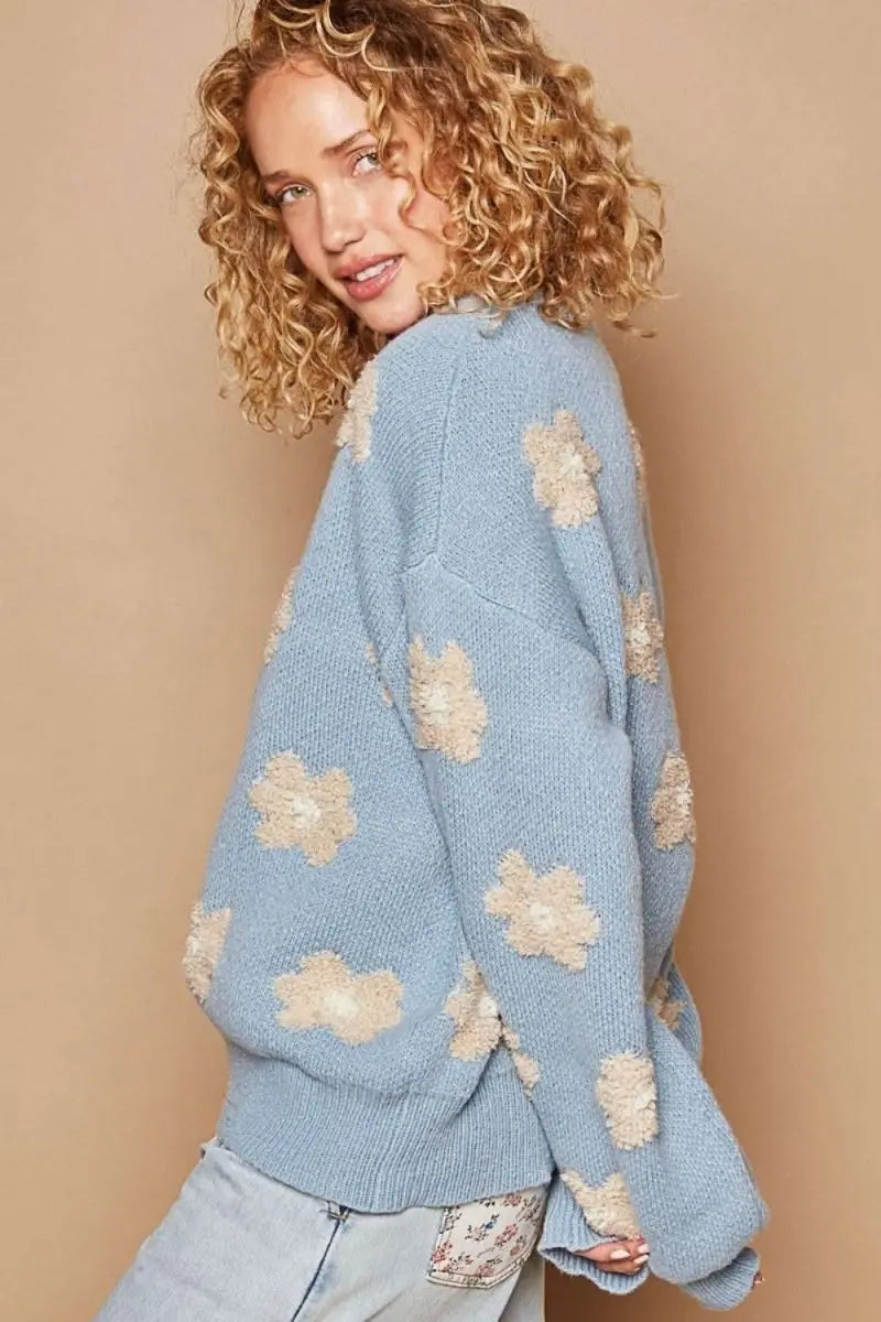 POL Daisy Pattern Drop Shoulder Sweater - Sleekdenim.com