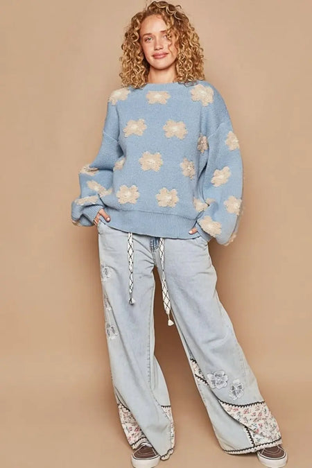 POL Daisy Pattern Drop Shoulder Sweater - Sleekdenim.com