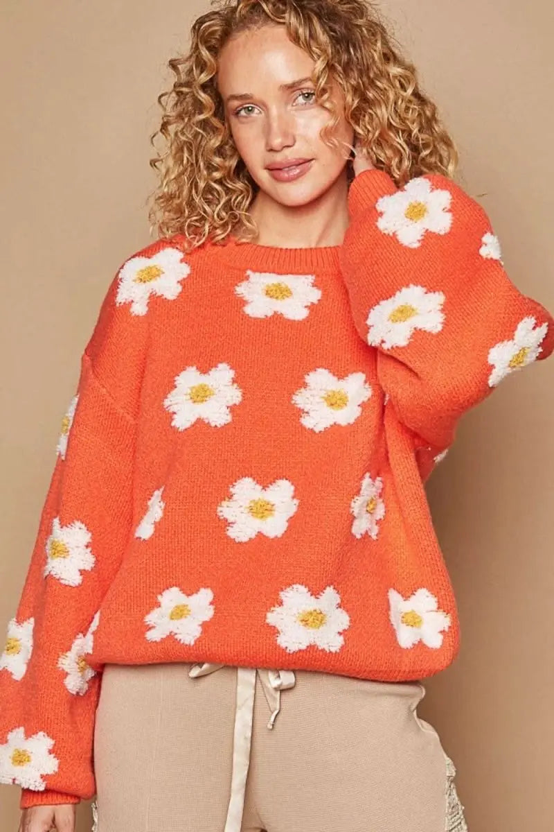 POL Daisy Pattern Drop Shoulder Sweater - Sleekdenim.com