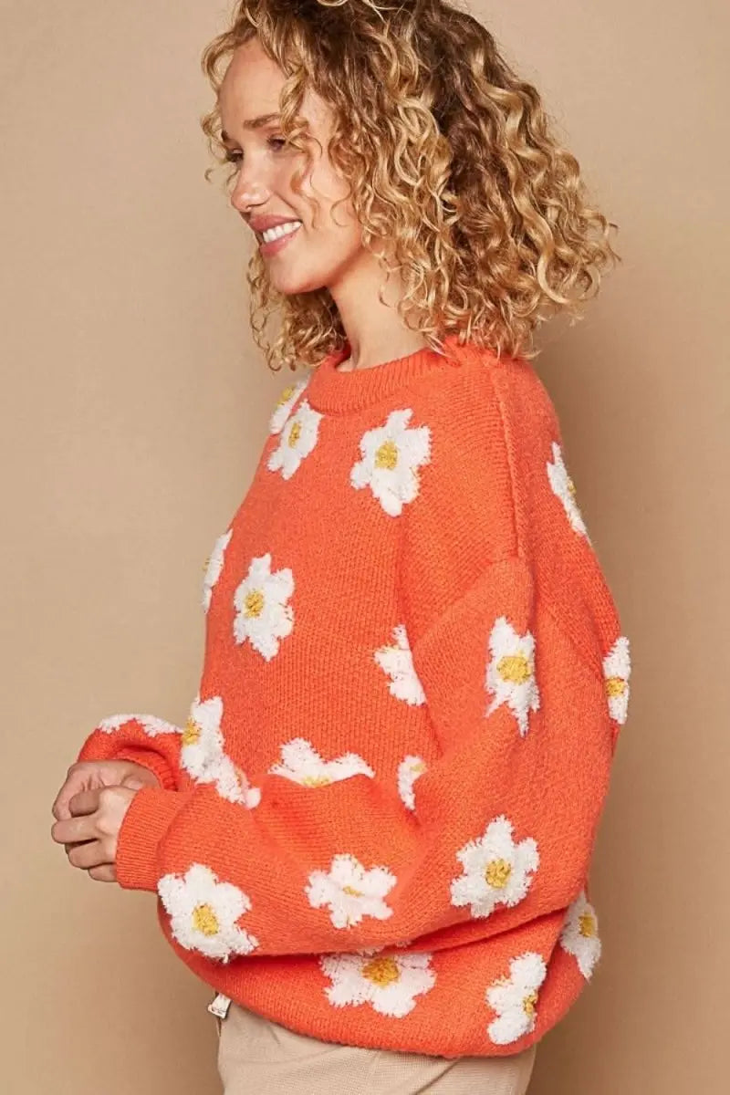 POL Daisy Pattern Drop Shoulder Sweater - Sleekdenim.com