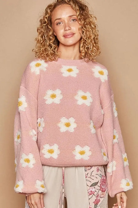 POL Daisy Pattern Drop Shoulder Sweater - Sleekdenim.com