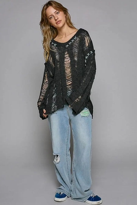 POL Distressed Dropped Shoulder Long Sleeve Knit Top - Sleekdenim.com