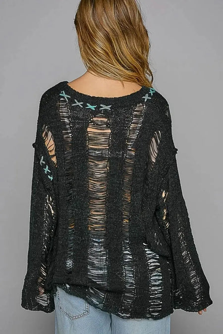 POL Distressed Dropped Shoulder Long Sleeve Knit Top - Sleekdenim.com