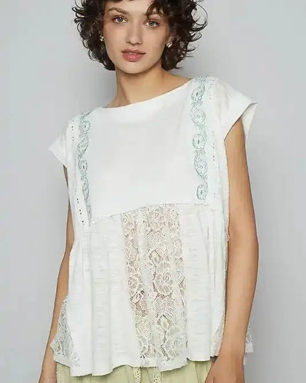 POL Embroidered Detail Boat Neck Cap Sleeve Lace Blouse - Sleekdenim.com