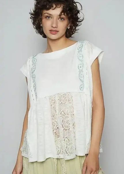 POL Embroidered Detail Boat Neck Cap Sleeve Lace Blouse - Sleekdenim.com