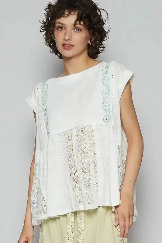 POL Embroidered Detail Boat Neck Cap Sleeve Lace Blouse - Sleekdenim.com