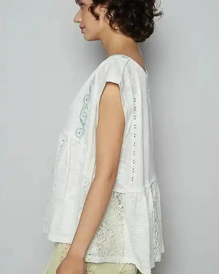 POL Embroidered Detail Boat Neck Cap Sleeve Lace Blouse - Sleekdenim.com