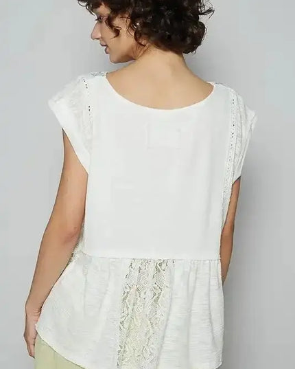 POL Embroidered Detail Boat Neck Cap Sleeve Lace Blouse - Sleekdenim.com