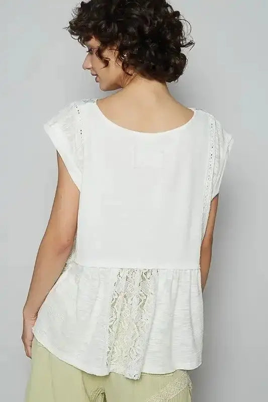 POL Embroidered Detail Boat Neck Cap Sleeve Lace Blouse - Sleekdenim.com