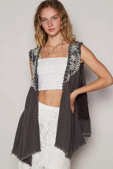 POL Embroidered Pearls Open Front Sleeveless Cardigan - Sleekdenim.com