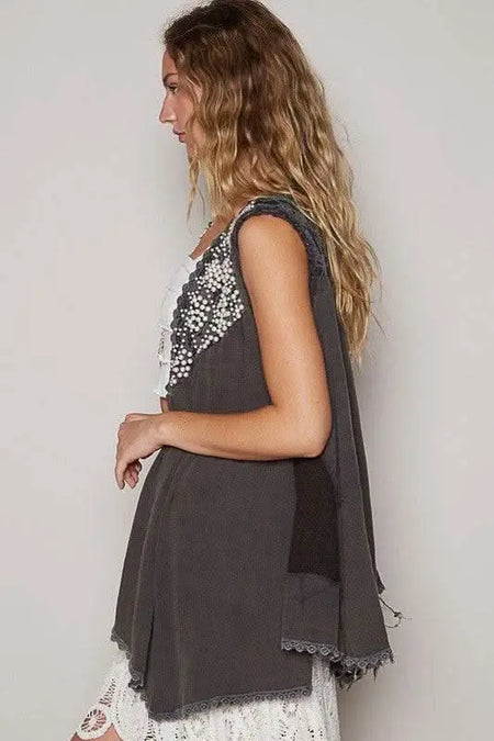 POL Embroidered Pearls Open Front Sleeveless Cardigan - Sleekdenim.com