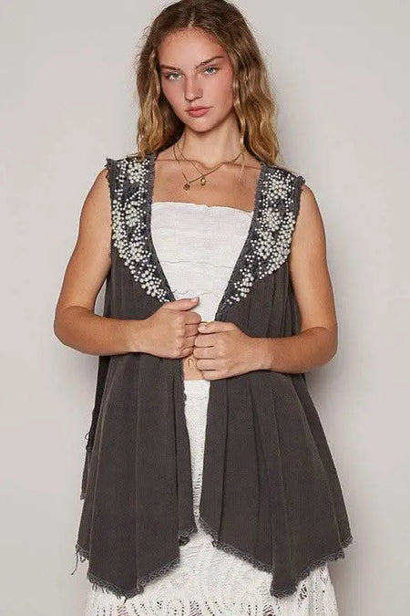 POL Embroidered Pearls Open Front Sleeveless Cardigan - Sleekdenim.com