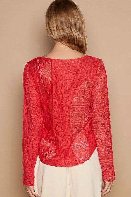 POL Exposed Seam Long Sleeve Lace Knit Top - Sleekdenim.com