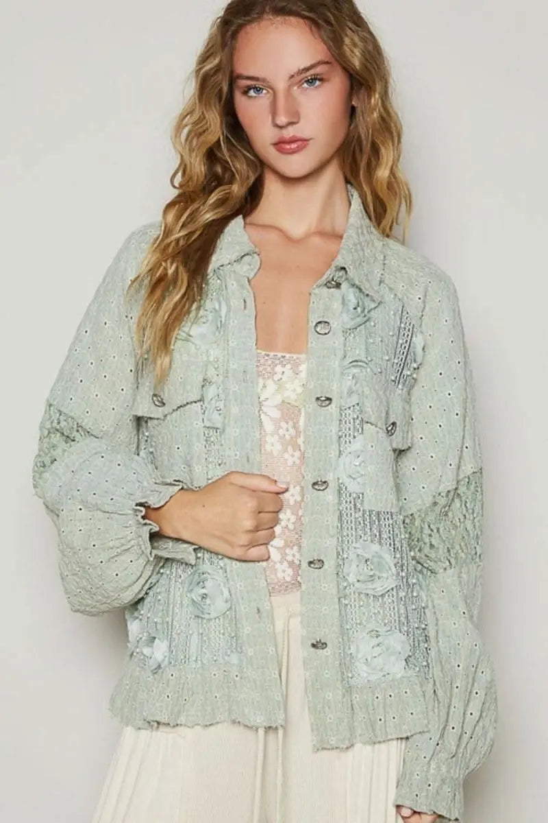 POL Eyelet Flower Pearl Detail Lace Patchwork Shirt - Sleekdenim.com