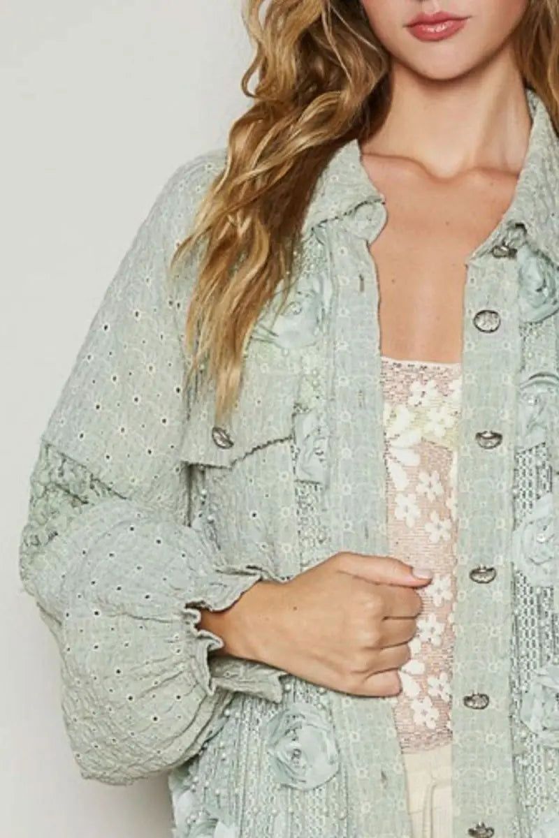 POL Eyelet Flower Pearl Detail Lace Patchwork Shirt - Sleekdenim.com