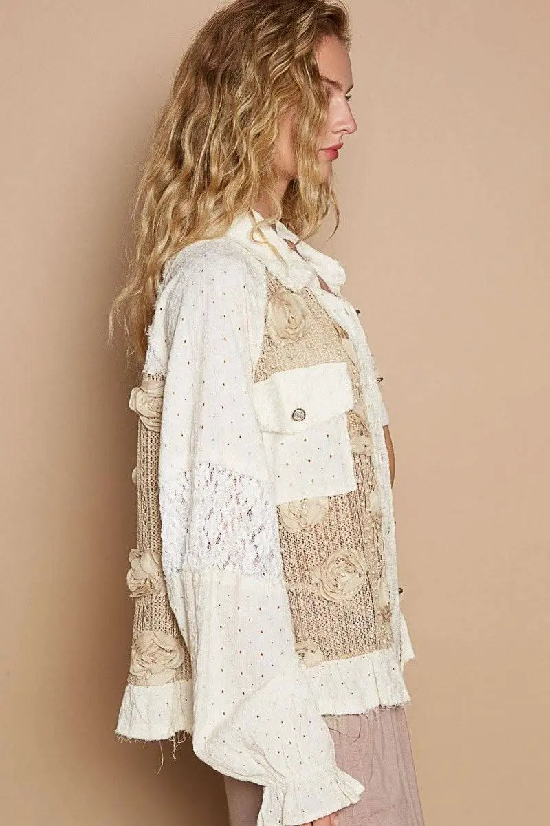 POL Eyelet Flower Pearl Detail Lace Patchwork Shirt - Sleekdenim.com