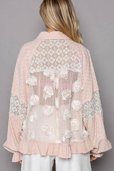 POL Eyelet Flower Pearl Detail Lace Patchwork Shirt - Sleekdenim.com