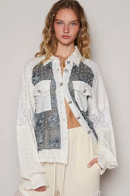 POL Eyelet Flower Pearl Detail Lace Patchwork Shirt - Sleekdenim.com