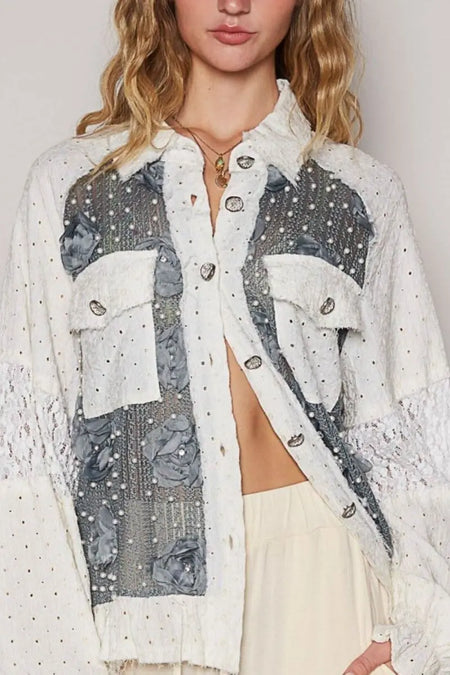 POL Eyelet Flower Pearl Detail Lace Patchwork Shirt - Sleekdenim.com