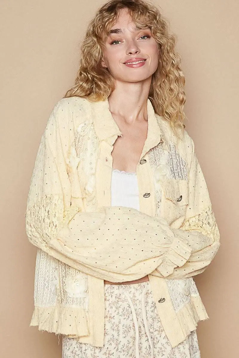 POL Eyelet Flower Pearl Detail Lace Patchwork Shirt - Sleekdenim.com