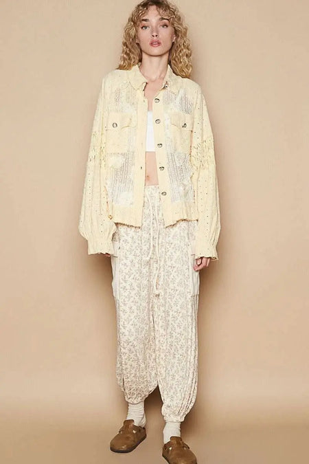 POL Eyelet Flower Pearl Detail Lace Patchwork Shirt - Sleekdenim.com