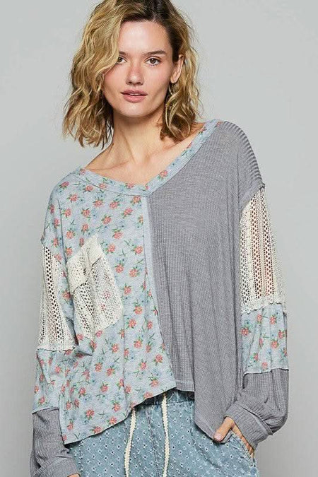 POL Floral Crochet Patch V - Neck Top - Sleekdenim.com