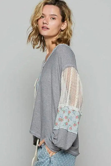 POL Floral Crochet Patch V - Neck Top - Sleekdenim.com