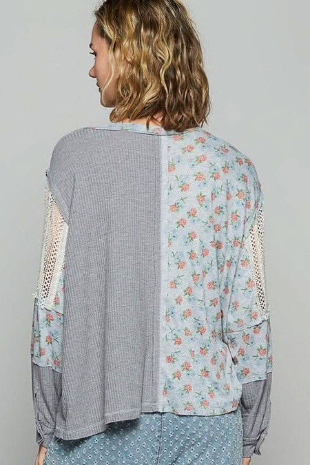 POL Floral Crochet Patch V - Neck Top - Sleekdenim.com